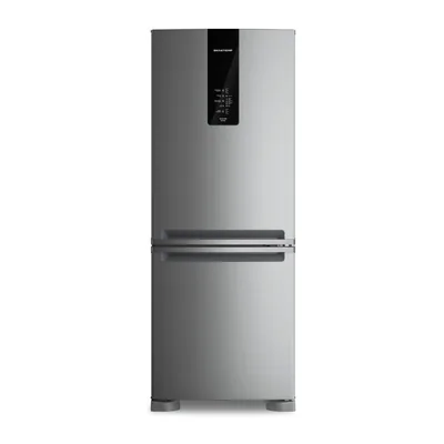 Foto frontal da geladeira Brastemp BRE57F, acabamento Inox