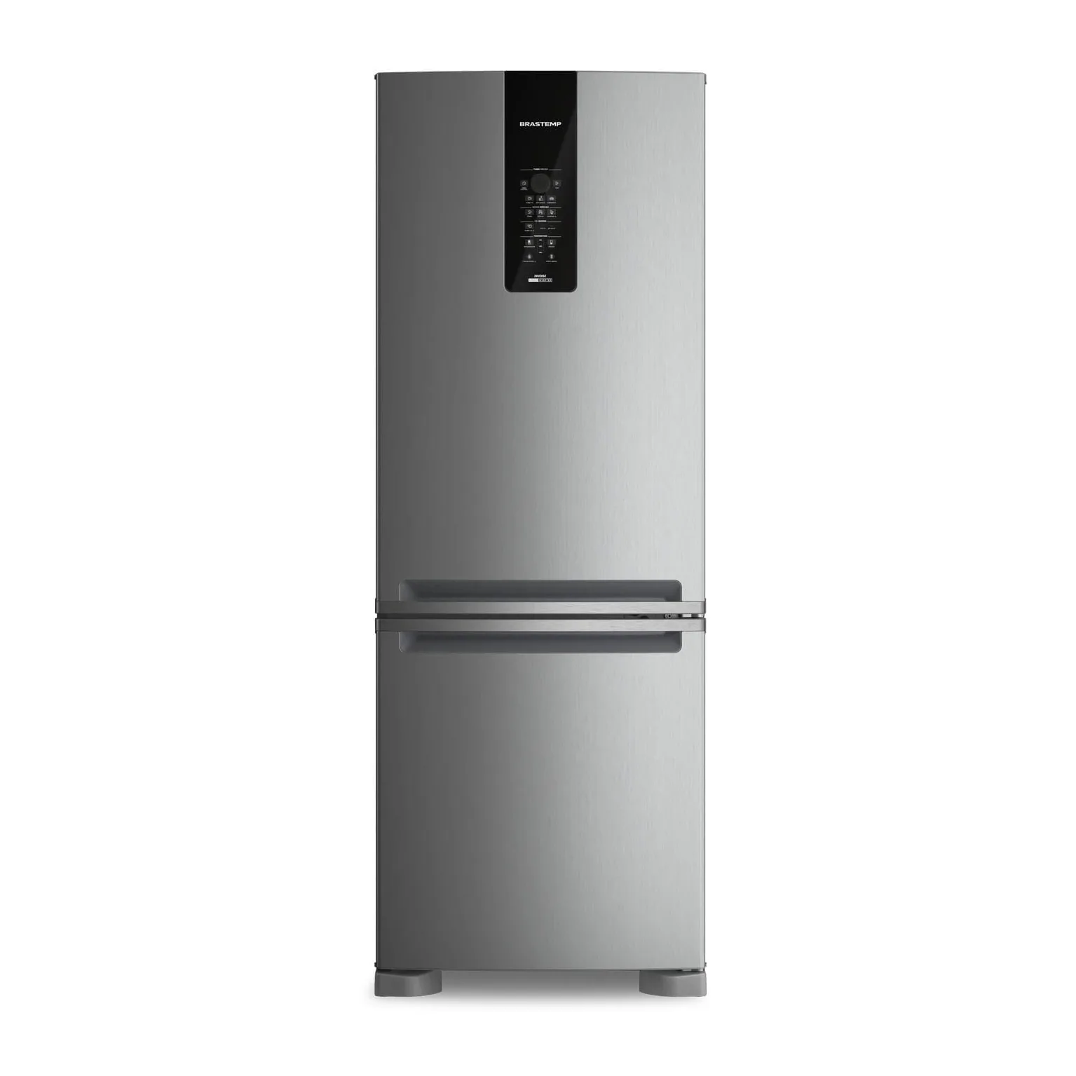 Foto frontal da geladeira Brastemp BRE59F, acabamento Inox