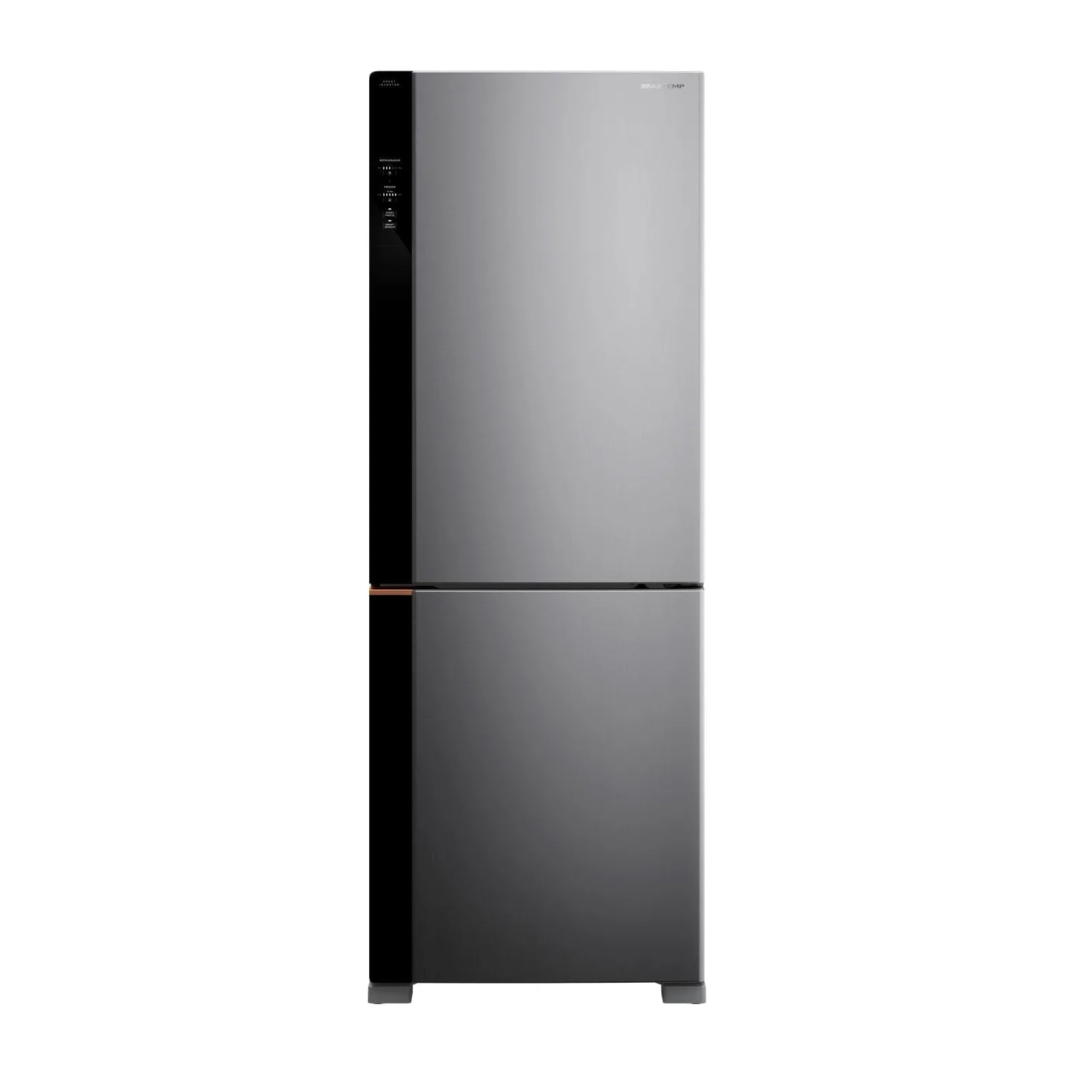 Foto frontal da geladeira Brastemp BRE66A, acabamento Inox