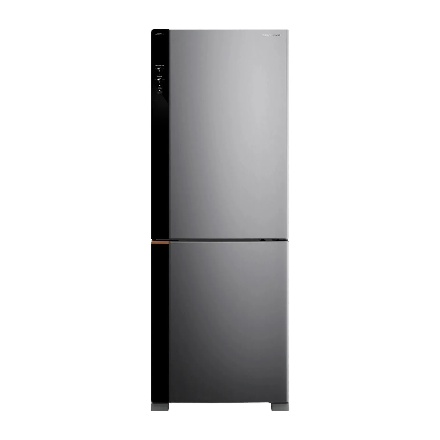Foto frontal da geladeira Brastemp BRE68A, acabamento Inox