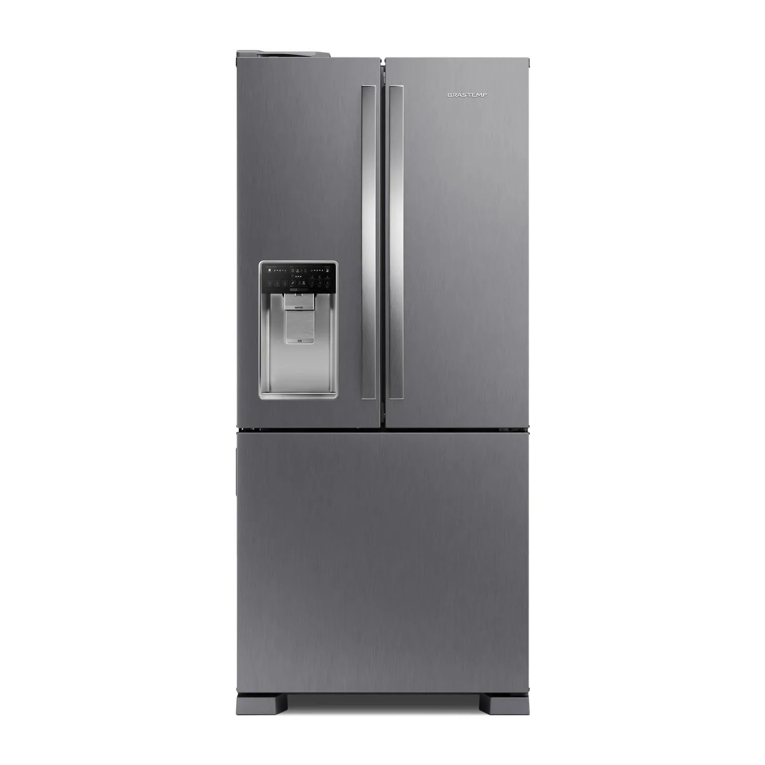 Foto frontal da geladeira Brastemp BRH85A, acabamento Inox