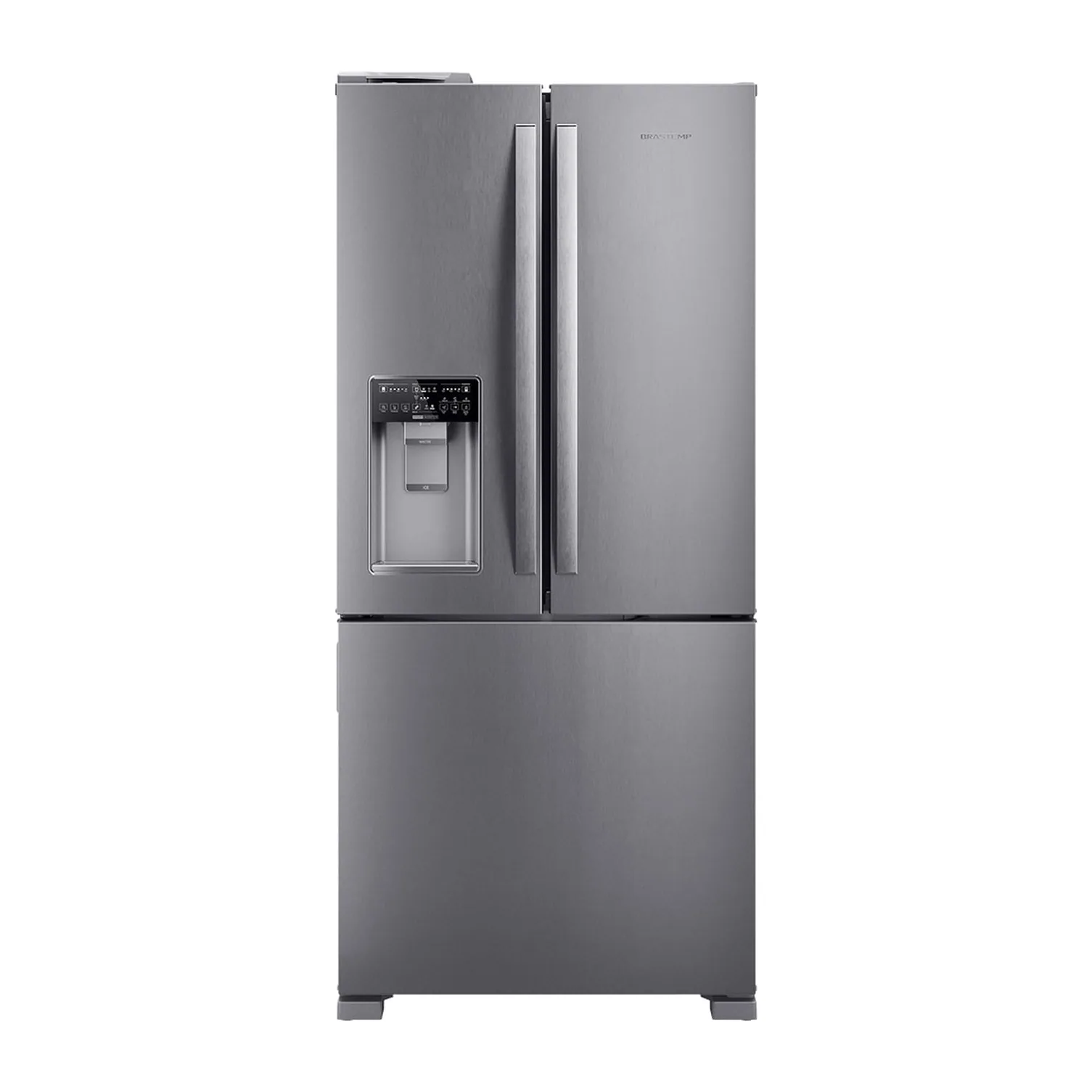 Foto frontal da geladeira Brastemp BRH85M, acabamento Inox