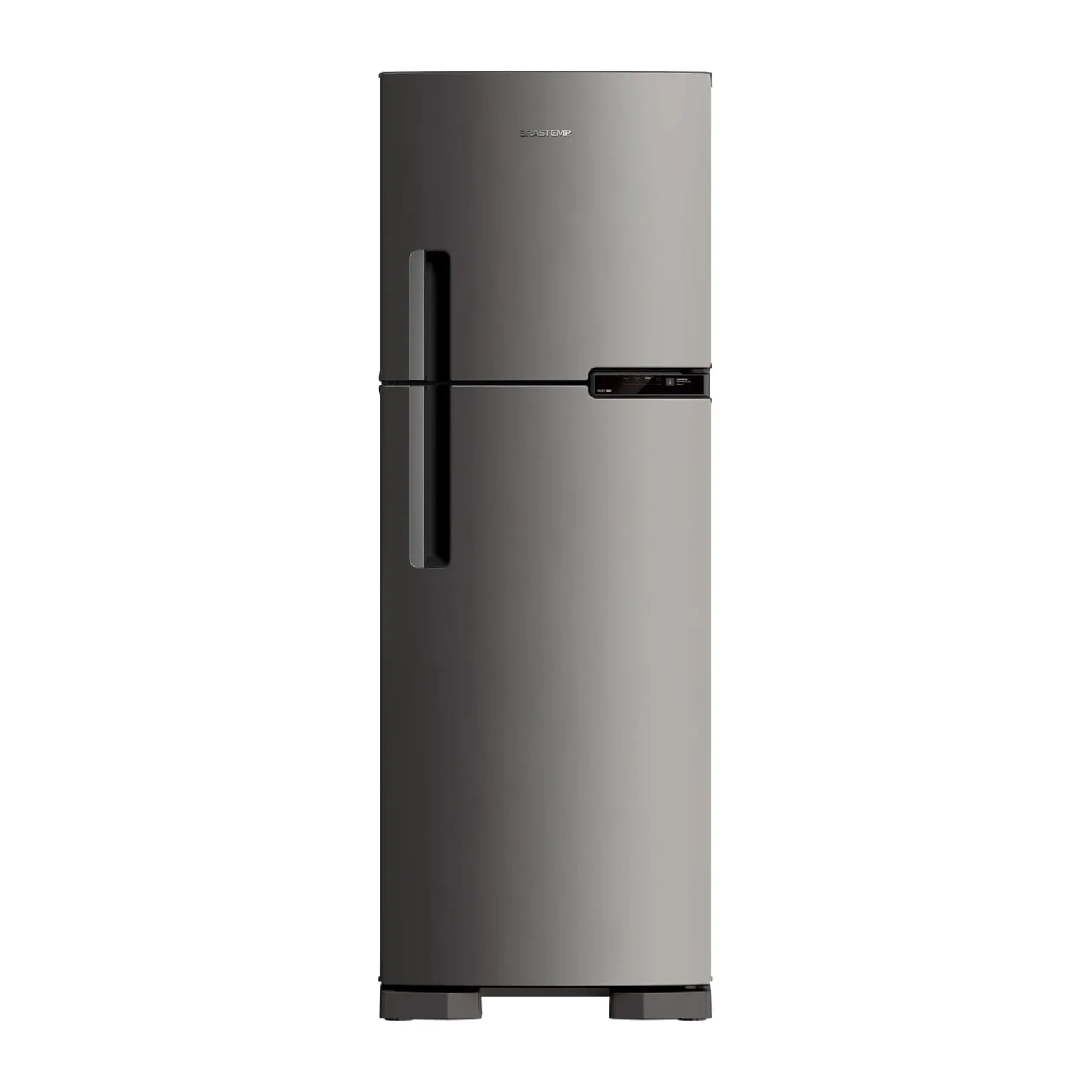 Foto frontal da geladeira Brastemp BRM44H, acabamento Inox