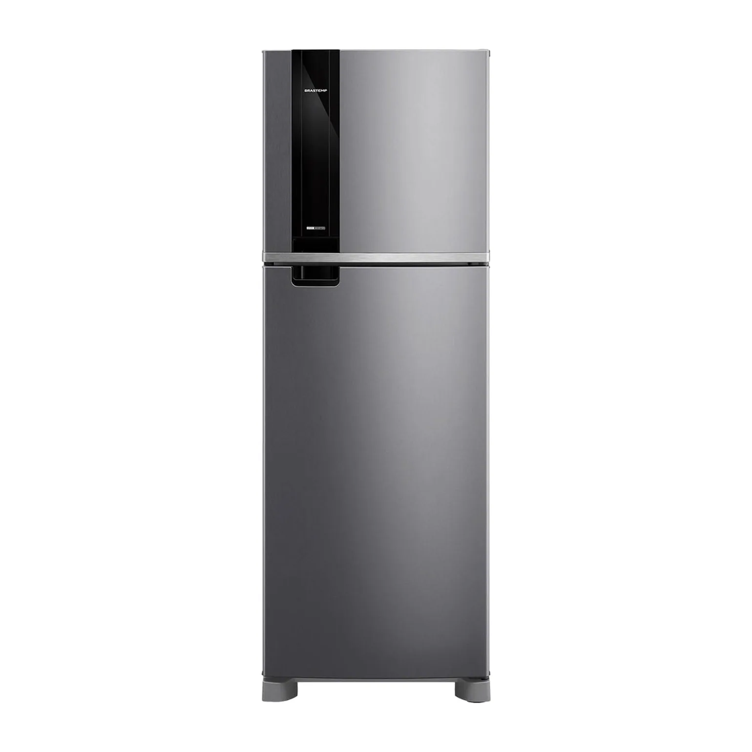 Foto frontal da geladeira Brastemp BRM46M, acabamento Inox