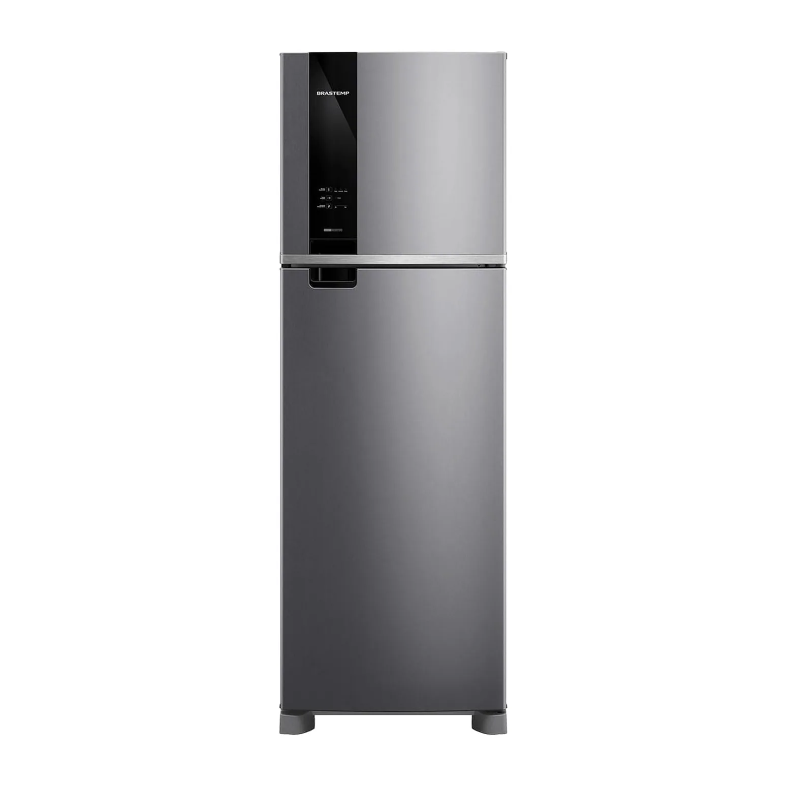 Foto frontal da geladeira Brastemp BRM52M, acabamento Inox