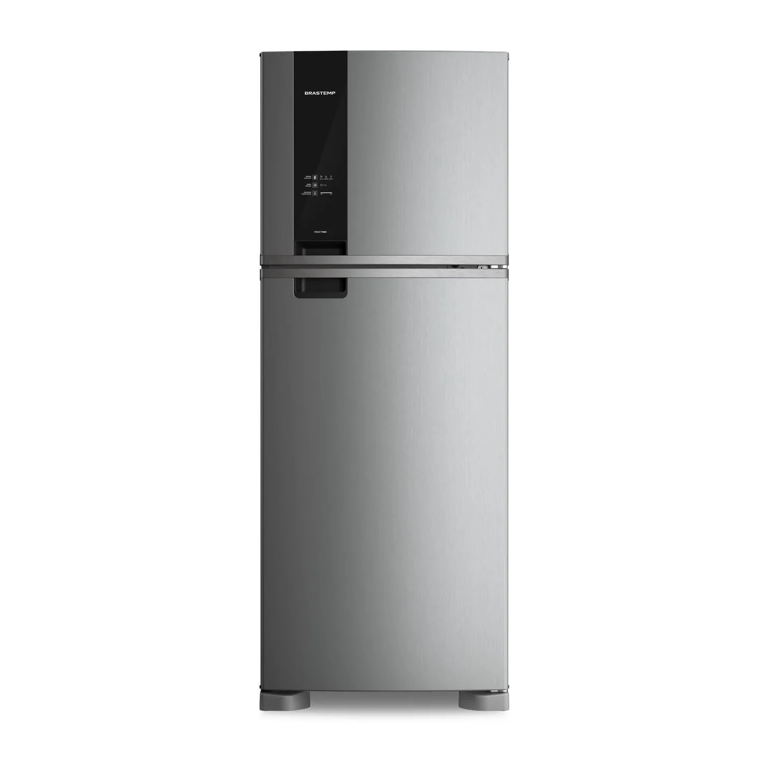 Foto frontal da geladeira Brastemp BRM55F, acabamento Inox
