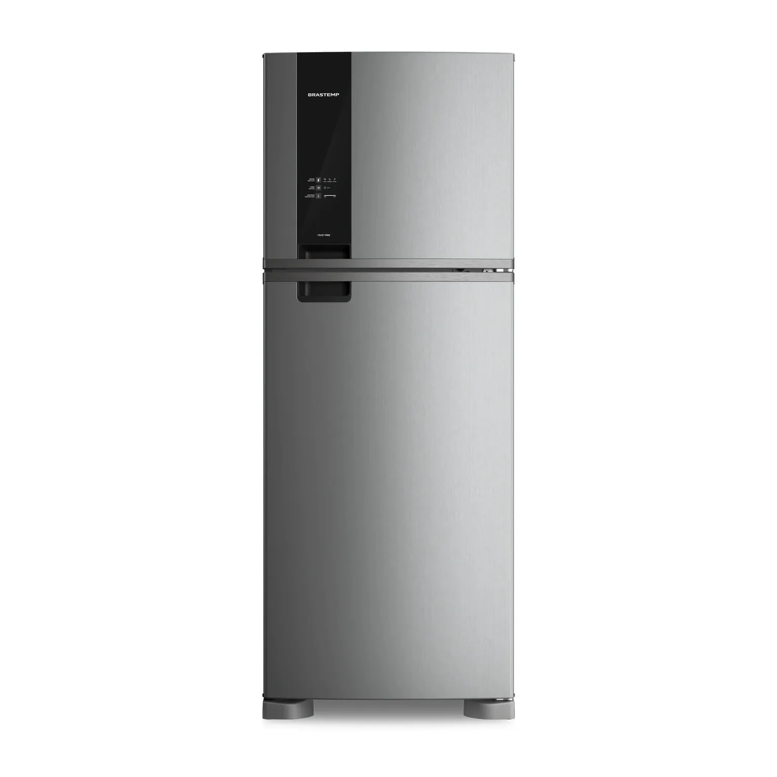 Foto frontal da geladeira Brastemp BRM56F, acabamento Inox