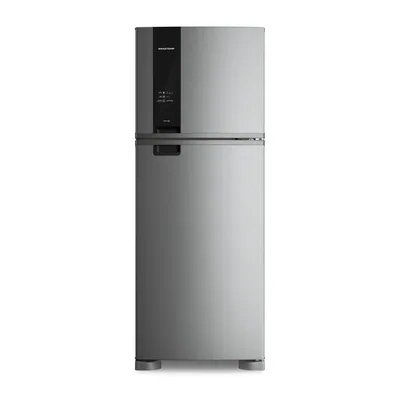 Foto frontal da geladeira Brastemp BRM56F · 127 V ou 220 V, acabamento Inox