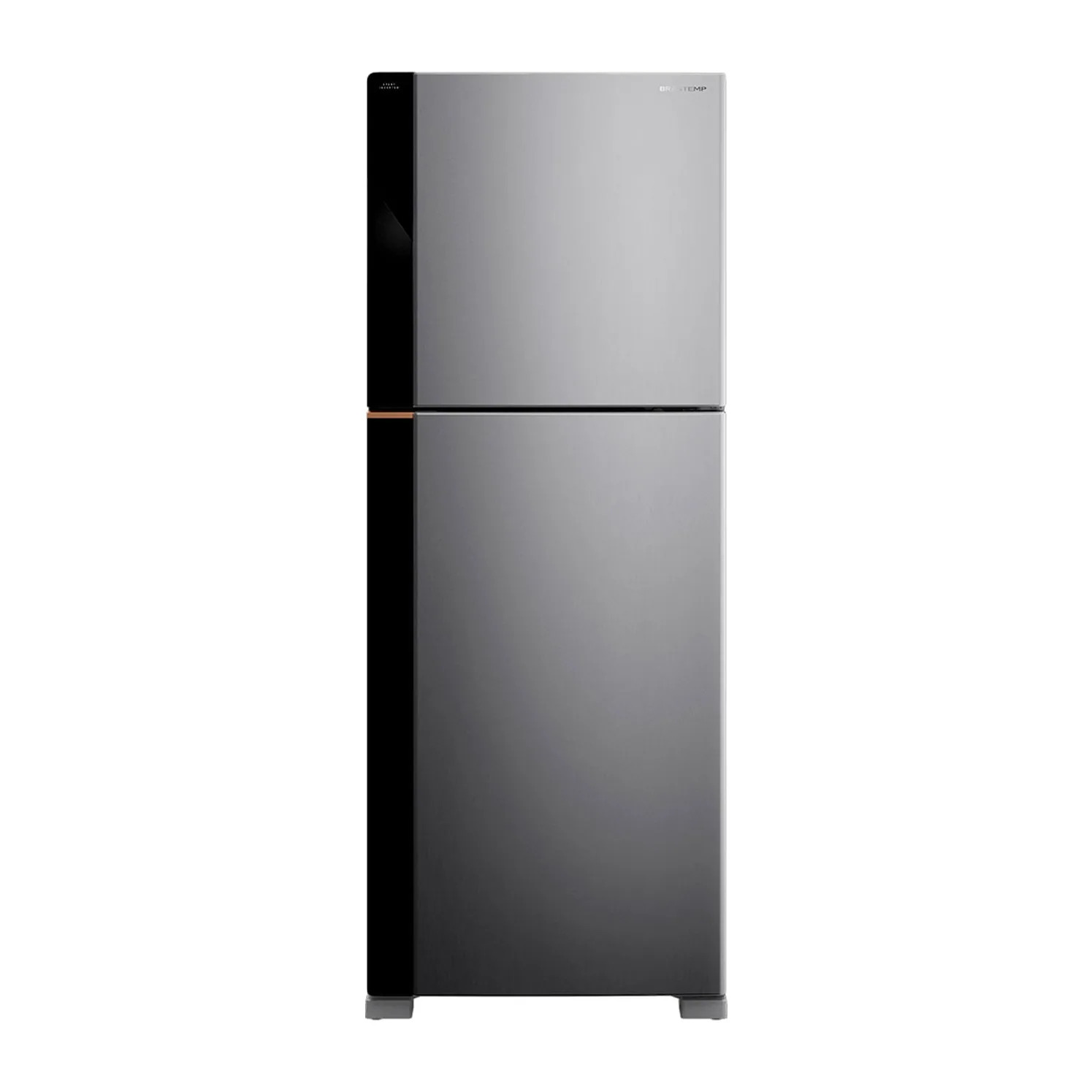 Foto frontal da geladeira Brastemp BRM60A, acabamento Inox