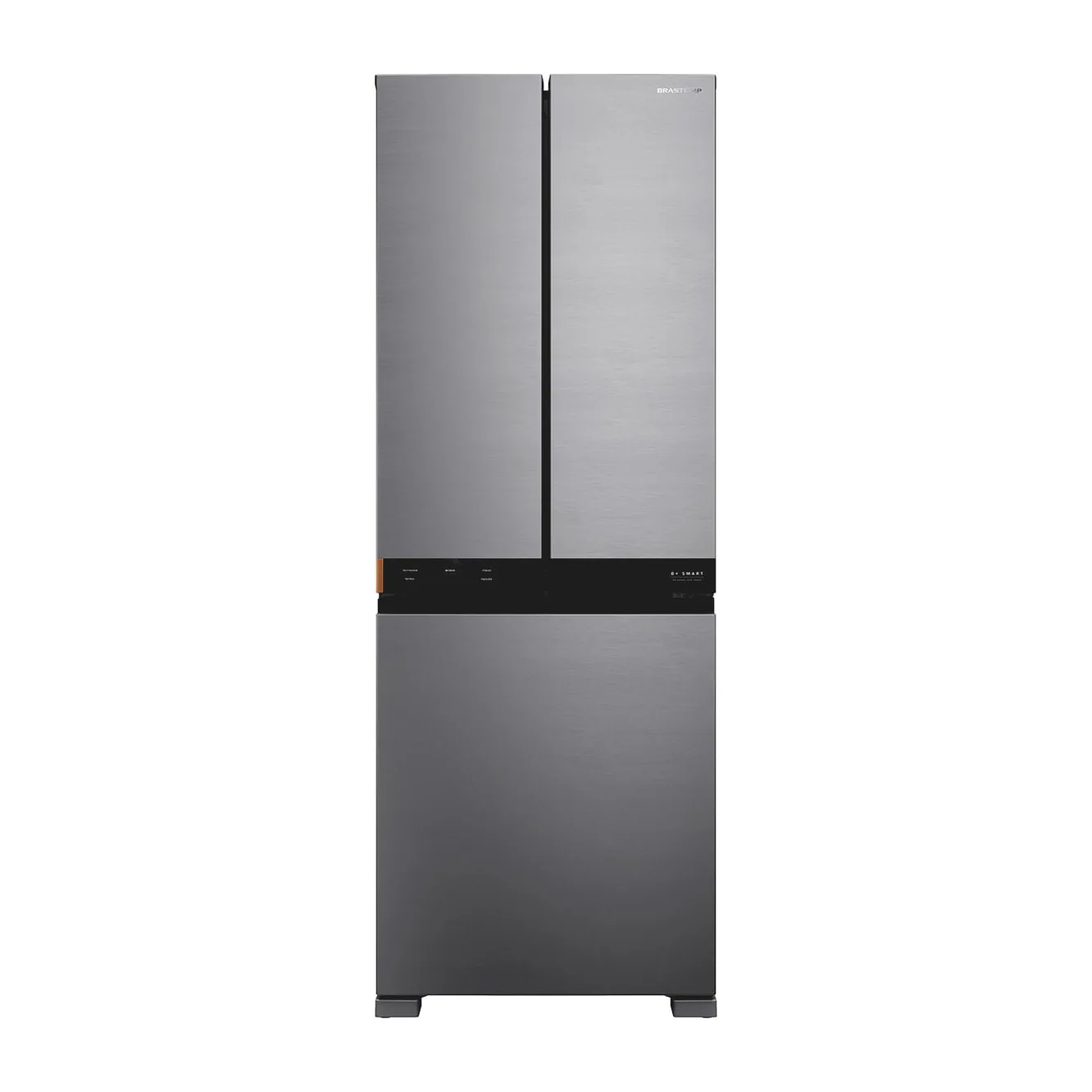 Foto frontal da geladeira Brastemp BRO78A, acabamento Inox