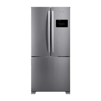 Foto frontal da geladeira Brastemp BRO85M · 127 V ou 220 V, acabamento Inox