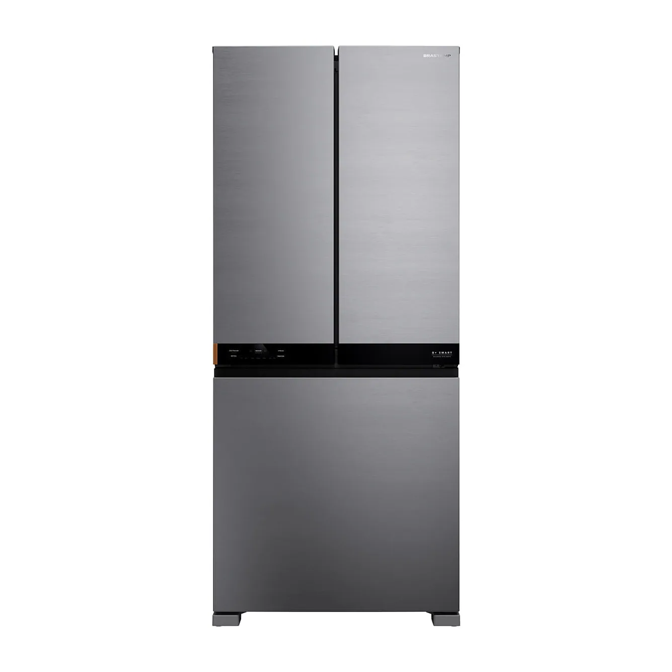 Foto frontal da geladeira Brastemp BRO88A, acabamento Inox