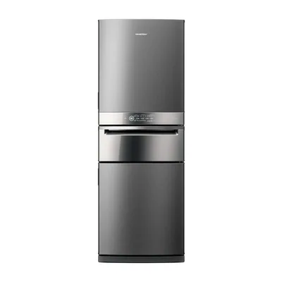 Foto frontal da geladeira Brastemp BRY59C · 127 V ou 220 V, acabamento Inox