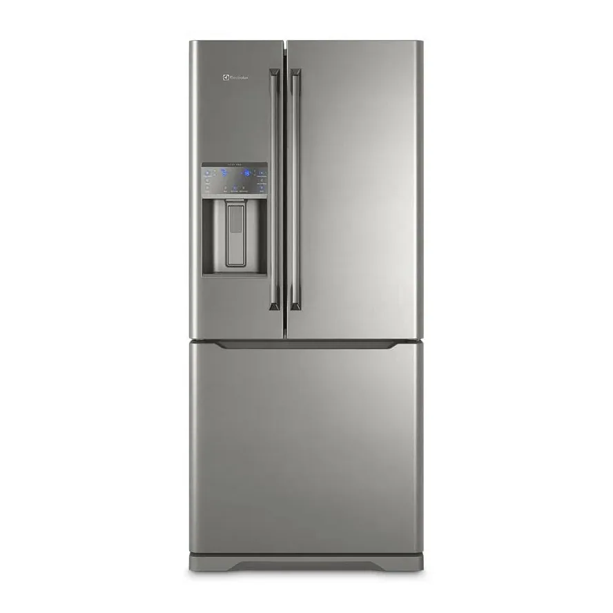 Foto frontal da geladeira Electrolux DM86, acabamento Inox
