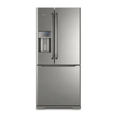 Foto frontal da geladeira Electrolux DM86 · 127 V ou 220 V, acabamento Inox