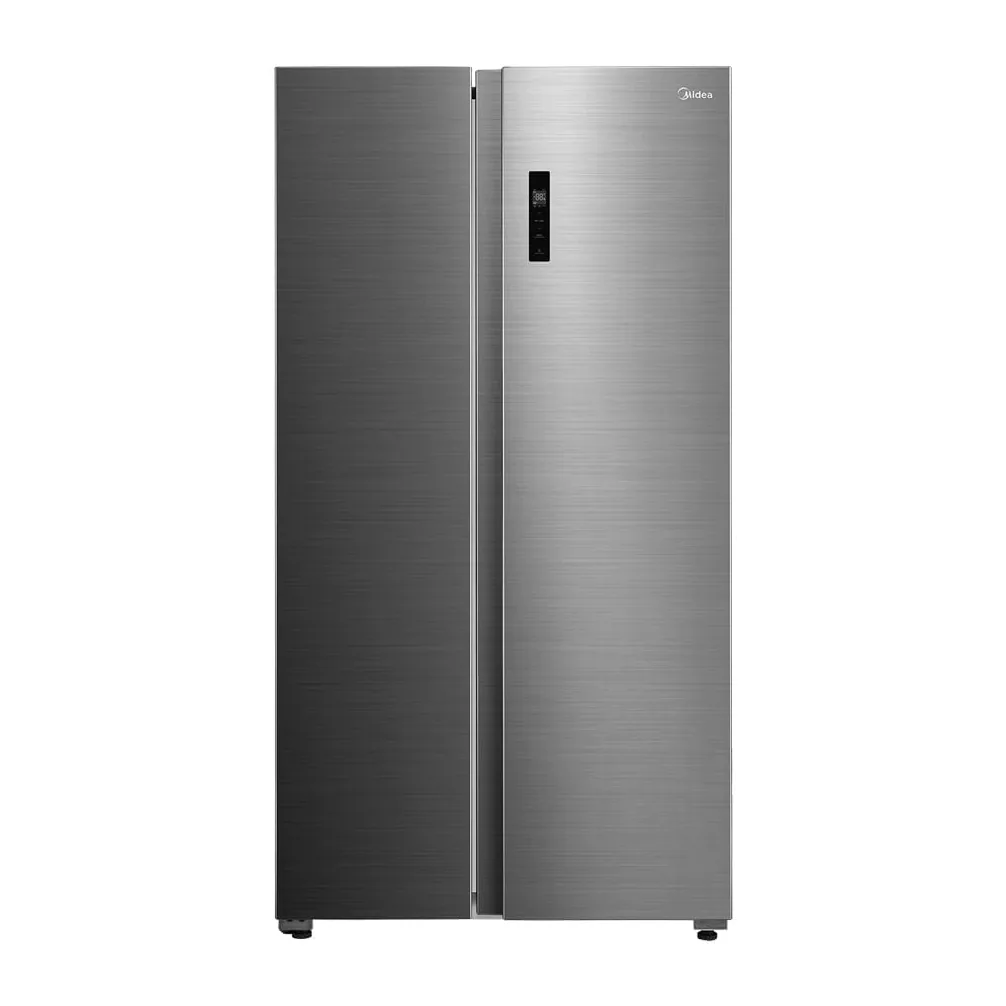 Foto frontal da geladeira Midea MD-RS710FGD, acabamento Cor inox