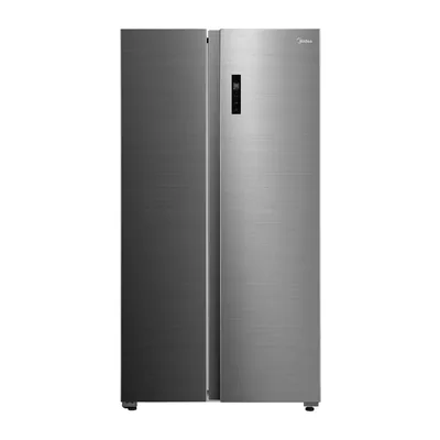 Foto frontal da geladeira Midea MD-RS710FGD · 127 V ou 220 V, acabamento Cor inox