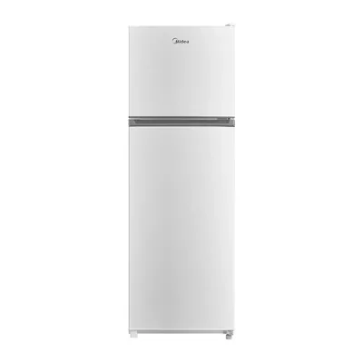 Foto frontal da geladeira Midea MD-RT411FGF · 127 V ou 220 V