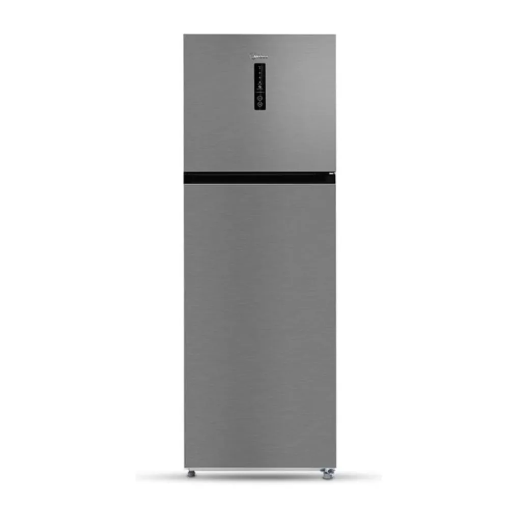Foto frontal da geladeira Midea MD-RT468MTA, acabamento Inox