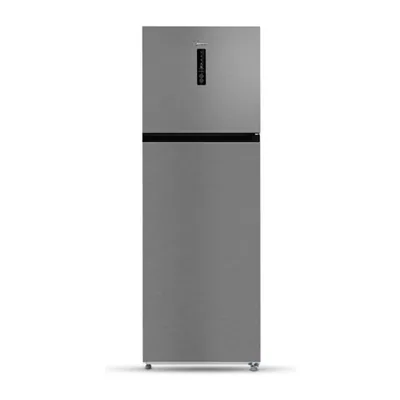 Foto frontal da geladeira Midea MD-RT468MTA · 127 V ou 220 V, acabamento Inox