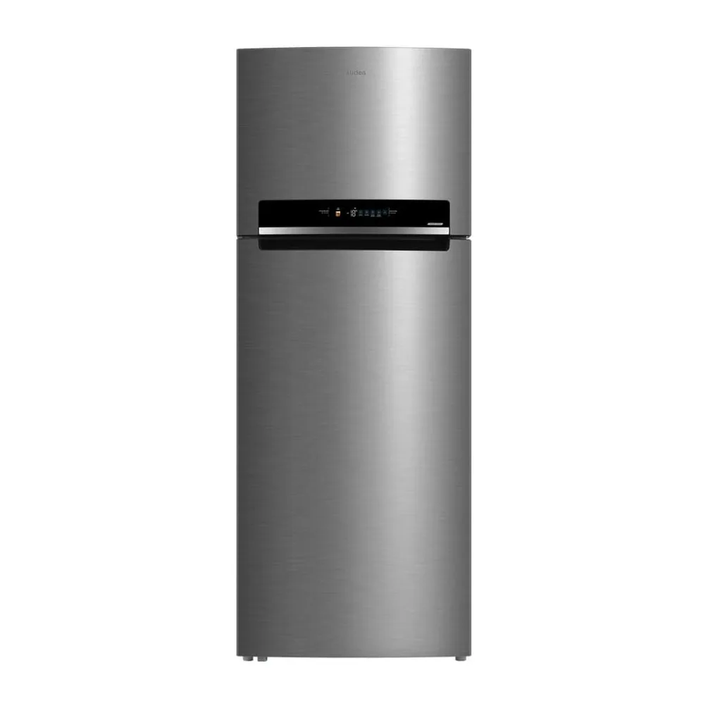 Foto frontal da geladeira Midea MD-RT650EVK, acabamento Cor inox