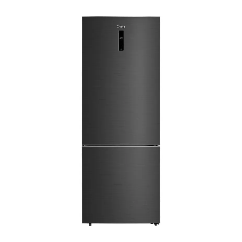 Foto frontal da geladeira Midea MDRB593FGA, acabamento Black Inox