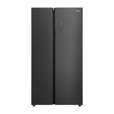 Foto frontal da geladeira Midea MDRS923MMD · bivolt, acabamento Black Inox
