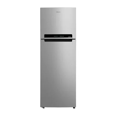 Foto frontal da geladeira Midea MDRT533EVD · 127 V ou 220 V, acabamento Prata