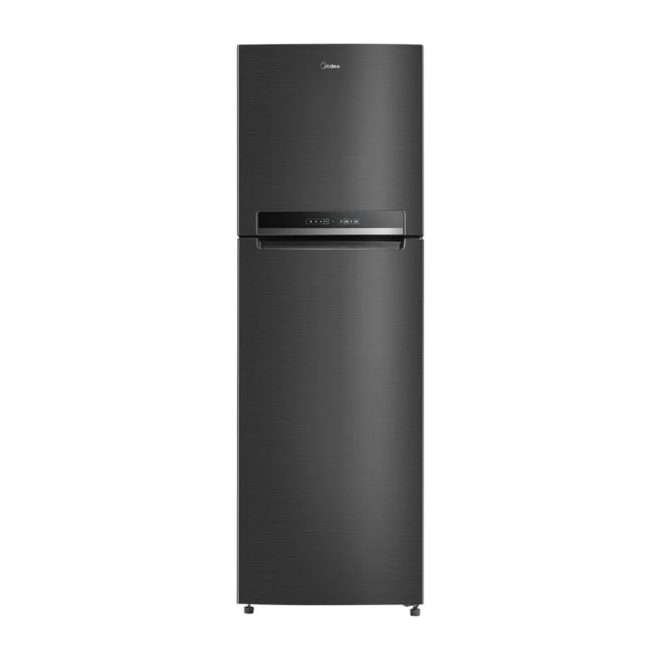 Foto frontal da geladeira Midea MDRT572EVD, acabamento Preto