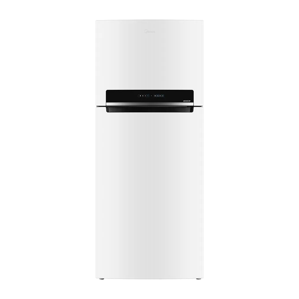 Foto frontal da geladeira Midea MDRT611EVA, acabamento Branco