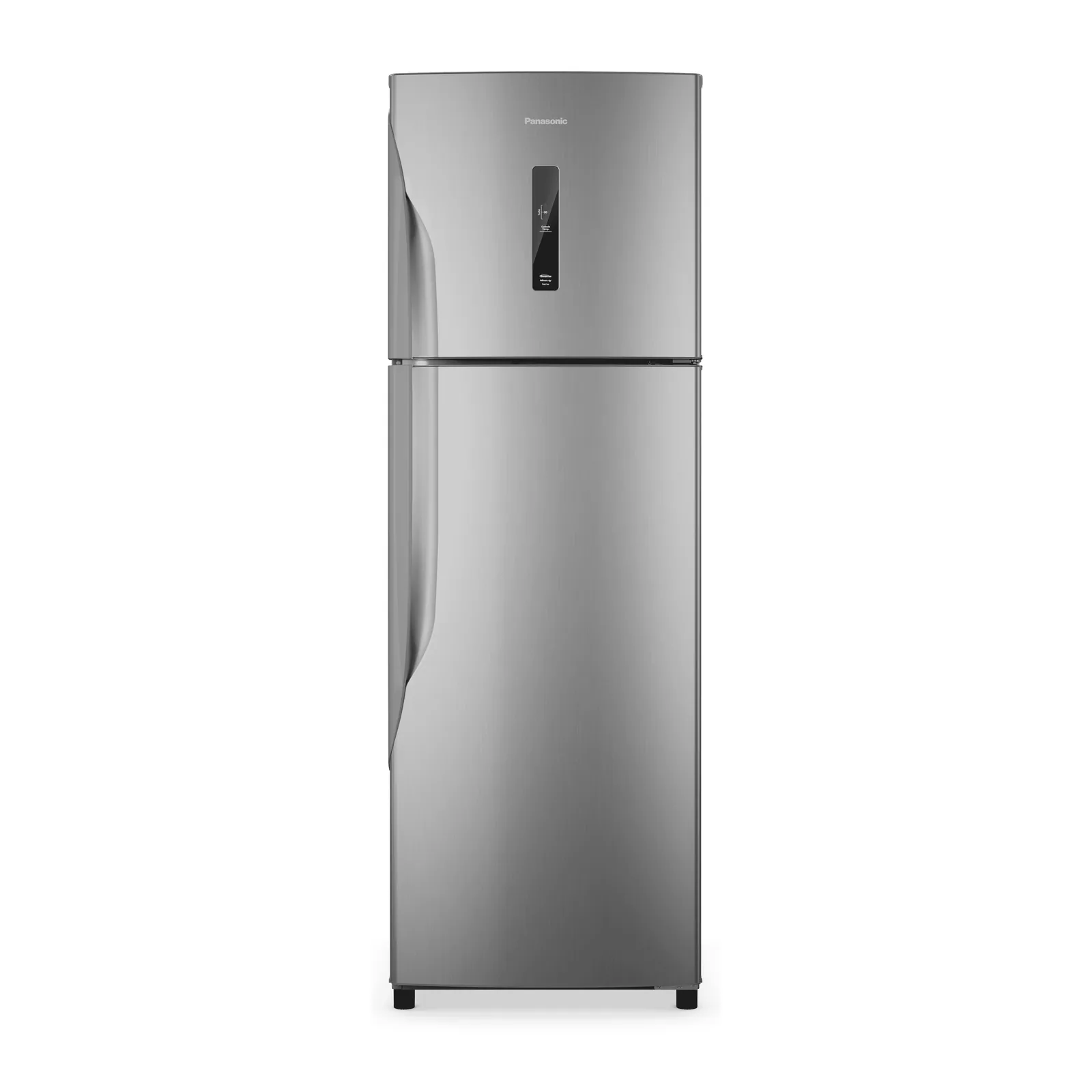 Foto frontal da geladeira Panasonic NR-BT44PV3, acabamento Aço Escovado