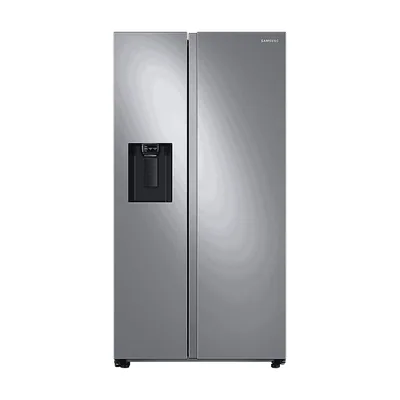 Foto frontal da geladeira Samsung RS60T5200 · 127 V ou 220 V, acabamento Natural Gray